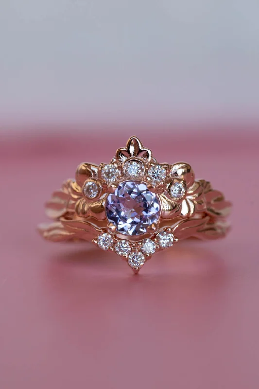 READY TO SHIP: Forget Me Not ring set in 14K rose gold, natural tanzanite round cut 6 mm, accent moissanites, AVAILABLE RING SIZES: 5.5 - 8.5 US