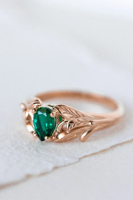 READY TO SHIP: Wisteria engagement ring with pear cut lab emerald in 14K rose gold, AVAILABLE RING SIZES: 3.75 - 6.75 US