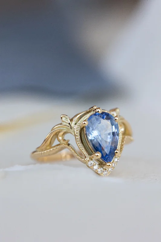 READY TO SHIP: Lida ring in 14K yellow gold, natural blue sapphire pear cut 10x7 mm, accent natural diamonds, AVAILABLE RING SIZES: 5.25 - 8.25 US