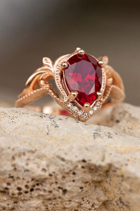 READY TO SHIP: Lida ring in 14K rose gold, lab ruby pear cut 10x7mm, accent moissanites, AVAILABLE RING SIZES: 5.5 - 8.5 US