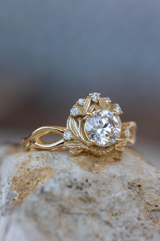 READY TO SHIP: Nika ring in 14K yellow gold, moissanite round cut 6.5 mm, accent moissanites, AVAILABLE RING SIZES: 5.5 - 8.5 US