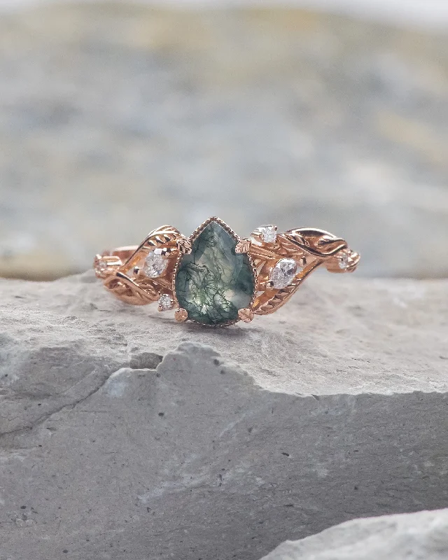 READY TO SHIP: Patricia ring in 14K or 18K rose gold, natural moss agate pear cut 8x6 mm, accent lab grown diamonds, AVAILABLE RING SIZES: 4.5 - 9.5 US