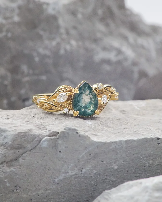 READY TO SHIP: Patricia ring in 14K or 18K yellow gold, natural moss agate pear cut 8x6 mm, accent lab grown diamonds, AVAILABLE RING SIZES: 5.5 - 9.5 US