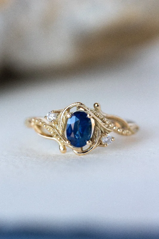 READY TO SHIP: Undina ring in 14K yellow gold, natural blue sapphire oval cut 7x5 mm, accent moissanites, AVAILABLE RING SIZES: 5.25 - 8.25 US