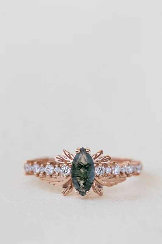 READY TO SHIP: Verbena ring in 14K rose gold, natural moss agate marquise cut 8x4 mm, accents lab grown diamonds, RING SIZE: 5.5 - 8.5 US