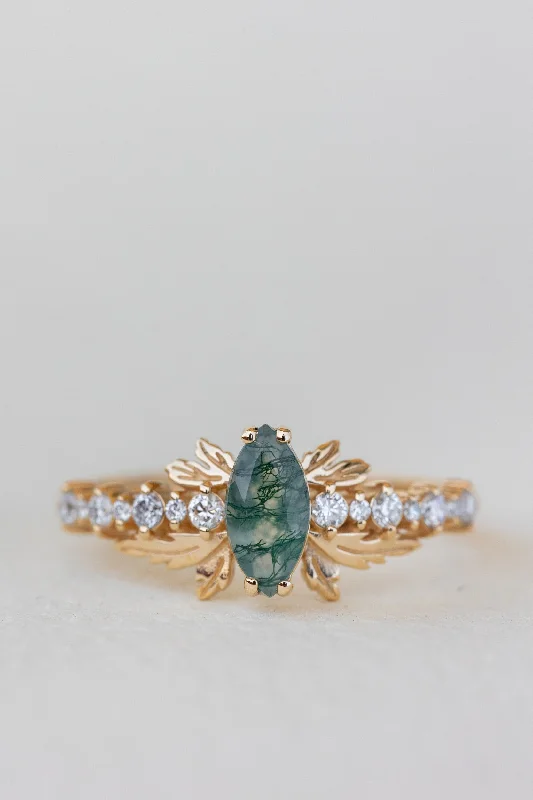 READY TO SHIP: Verbena ring in 18K yellow gold, natural moss agate marquise cut 8x4 mm, accents lab grown diamonds, RING SIZE: 5.5 - 8.5 US