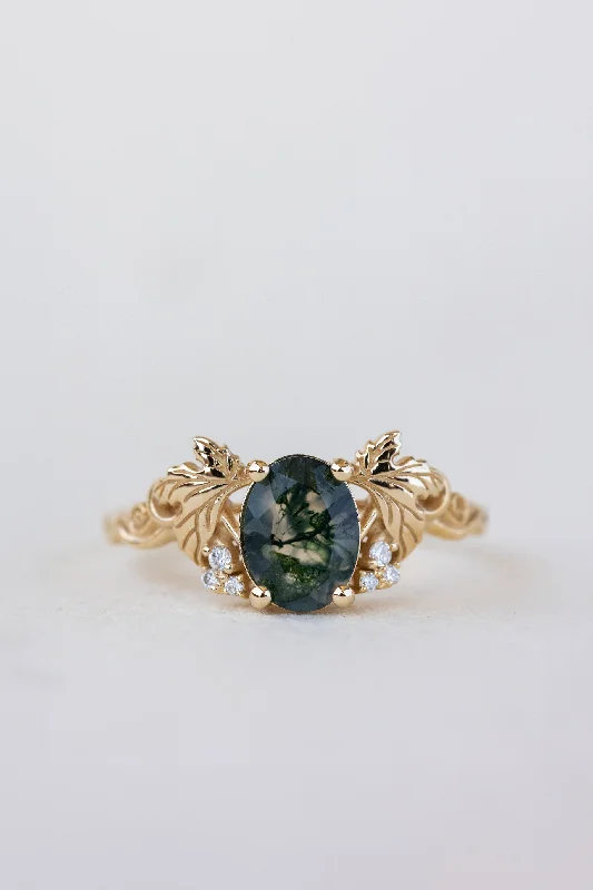 READY TO SHIP: Vineyard engagement ring in 14K yellow gold, oval moss agate, accents lab grown diamonds, RING SIZE: 5.5 - 8.5 US