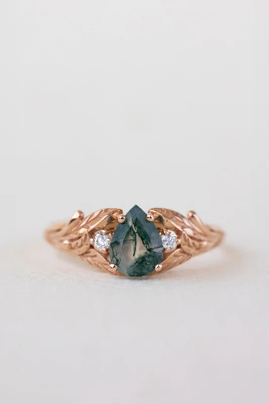 READY TO SHIP: Wisteria ring in 14K or 18K rose gold, pear moss agate, accents lab grown diamonds, RING SIZE: 5.75 - 8.75 US