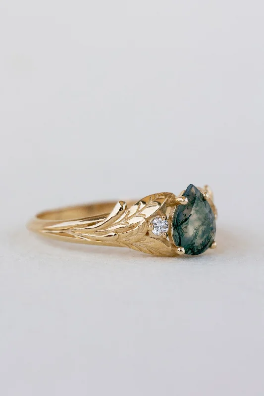 READY TO SHIP: Wisteria ring in 18K yellow gold, pear moss agate, accents lab grown diamonds, RING SIZE: 5.75 - 8.75 US