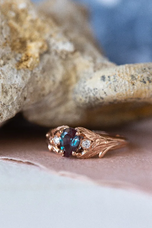 READY TO SHIP: Wisteria ring in 18K rose gold, lab alexandrite pear cut 7x5 mm, accent moissanites, AVAILABLE RING SIZES: 7US