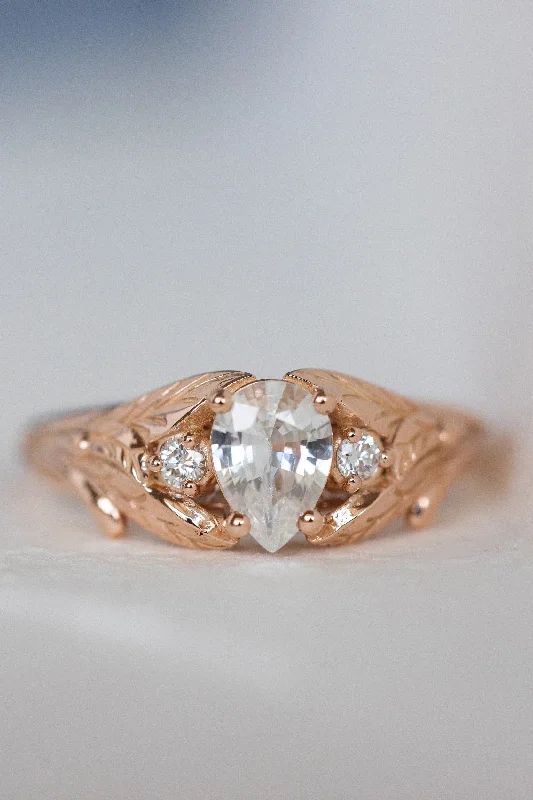 READY TO SHIP: Wisteria ring in 14K rose gold, natural white sapphire pear cut 7x5 mm, accent natural diamonds, AVAILABLE RING SIZES: 5.5 - 8.5 US