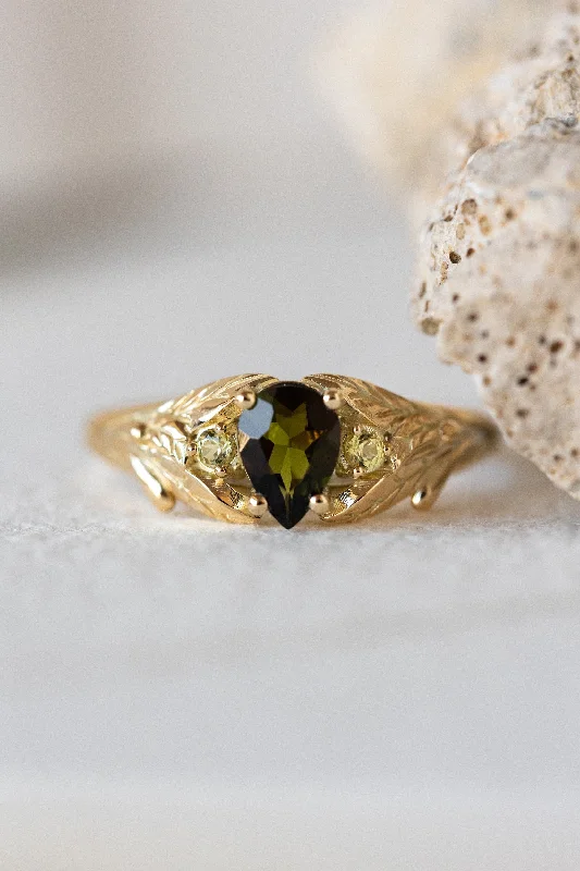 READY TO SHIP: Wisteria ring in 14K yellow gold, green tourmaline pear cut 7x5 mm, accent yellow sapphires, AVAILABLE RING SIZES: 7 - 10 US