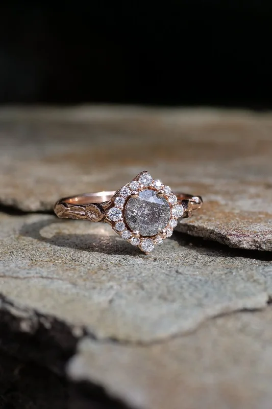 Rose vine inspired halo engagement ring with salt & pepper diamond / Florentina