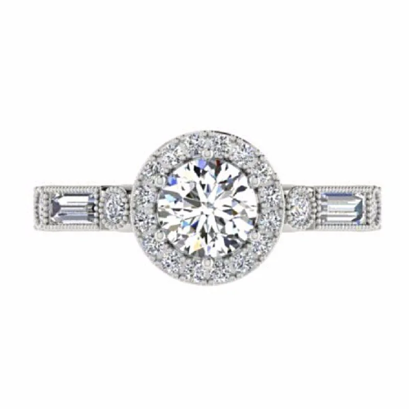 Round Diamond Halo Engagement Ring with Baguette Side Stones 18K Gold