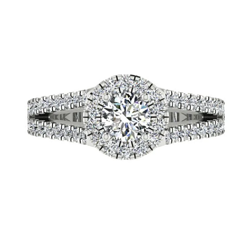 Round Diamond Halo Split Shank Engagement Ring 18K Gold