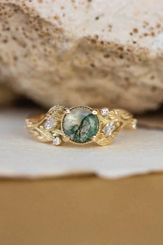 Round moss agate engagement ring, gold promise ring with accent diamonds / Patricia