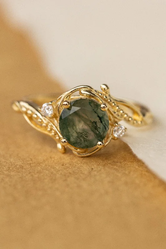 Round moss agate engagement ring with accent diamonds, nature themed proposal ring with diamonds  / Undina