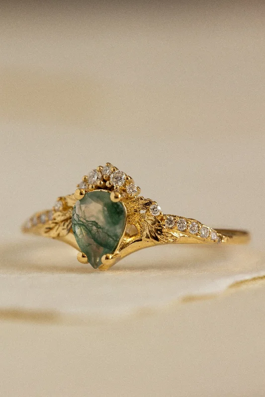 Diamond crown moss agate proposal ring / Amelia