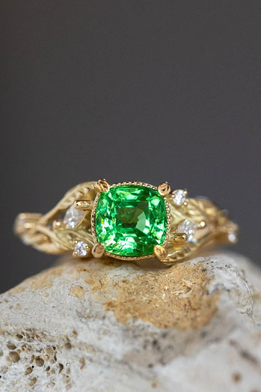 Tsavorite garnet engagement ring, gold ring with leaves and diamonds / Patricia