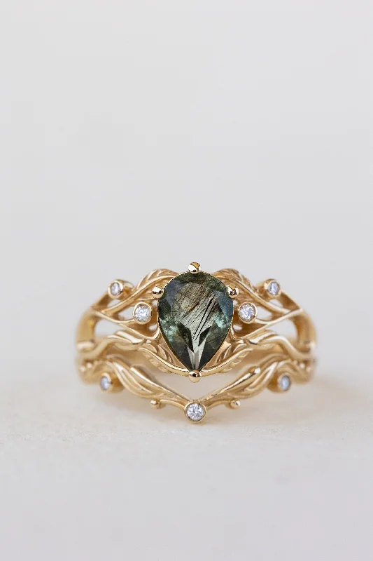 Unique rutile peridot bridal ring set, alternative promise ring with diamonds / Callisto