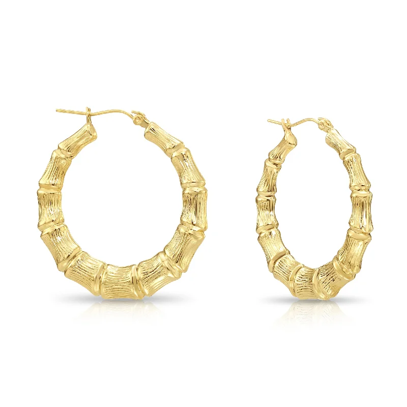 10K Solid Yellow Gold Bamboo Hoop Earrings, Large Statement Hoops