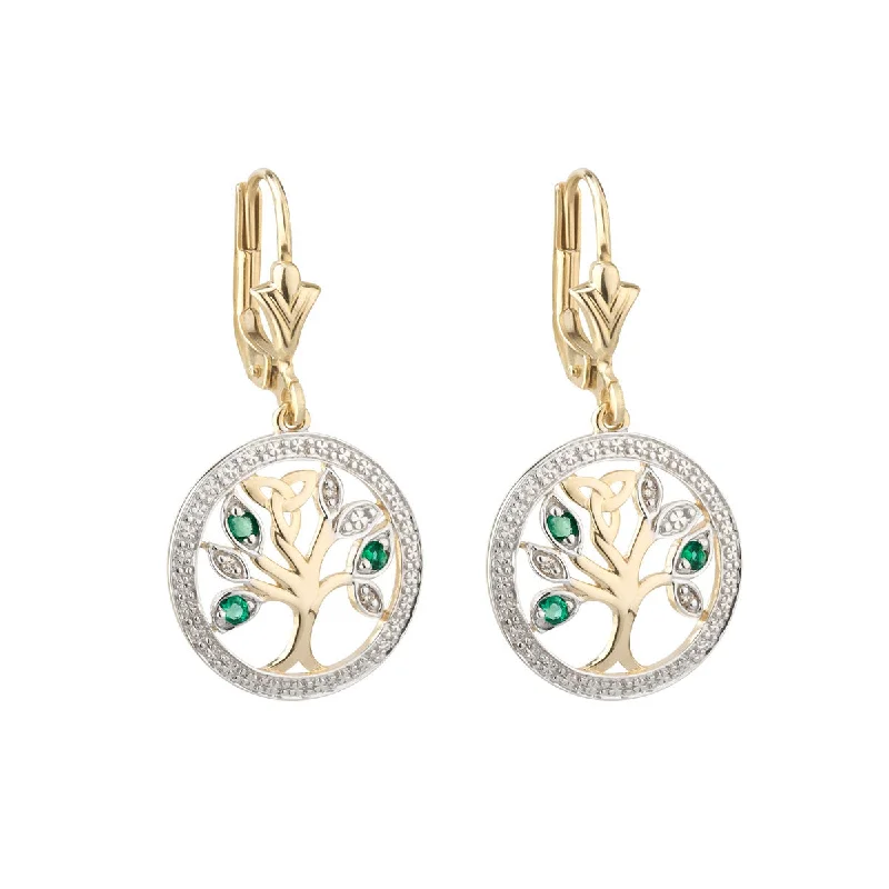 14K Gold Diamond & Emerald Irish Tree Of Life Earrings