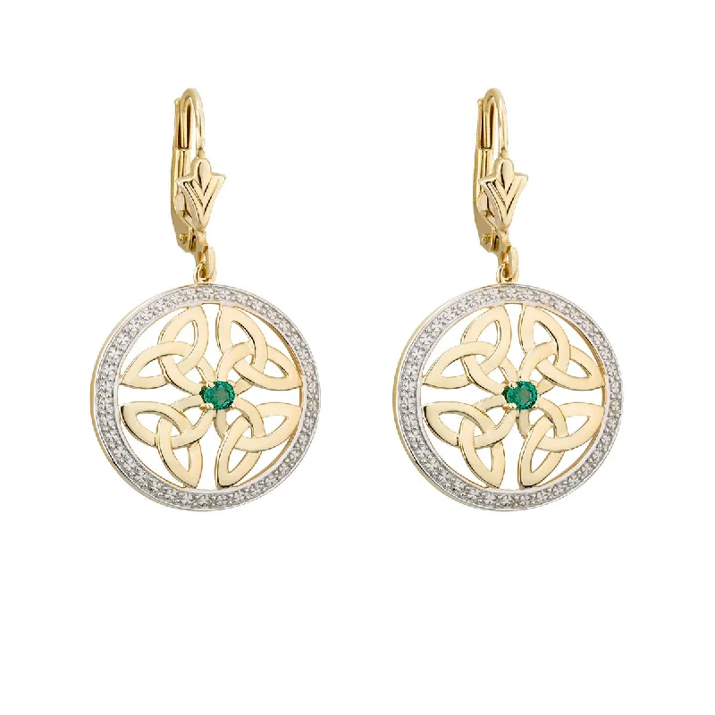 14K Gold Emerald Round Trinity Knot Earrings