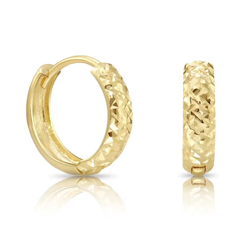 14K Gold Huggie Earrings, Diamond-Cut Engravings, Size 12mm