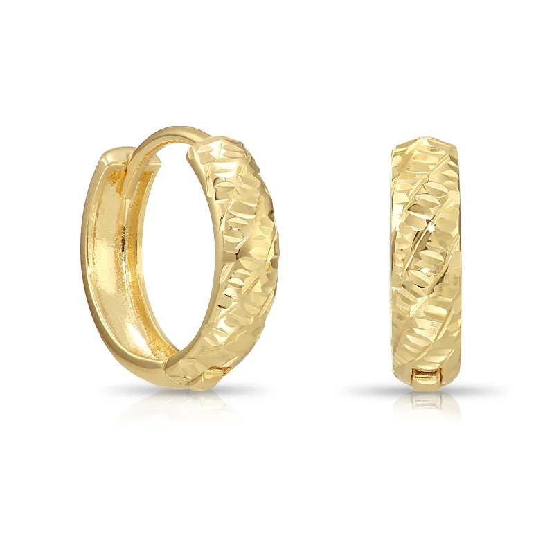 14K Gold Huggie Earrings, Diamond-Cut "Tornado" Engravings, Size 12mm