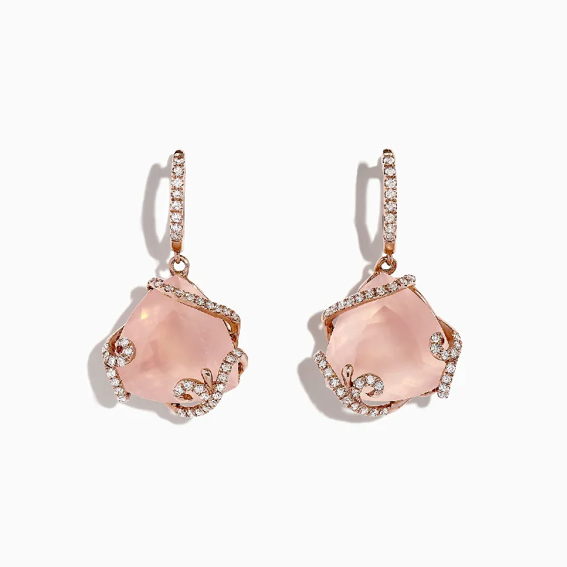 14K Rose Gold Rose Quartz and Diamond Earrings, 13.05 TCW