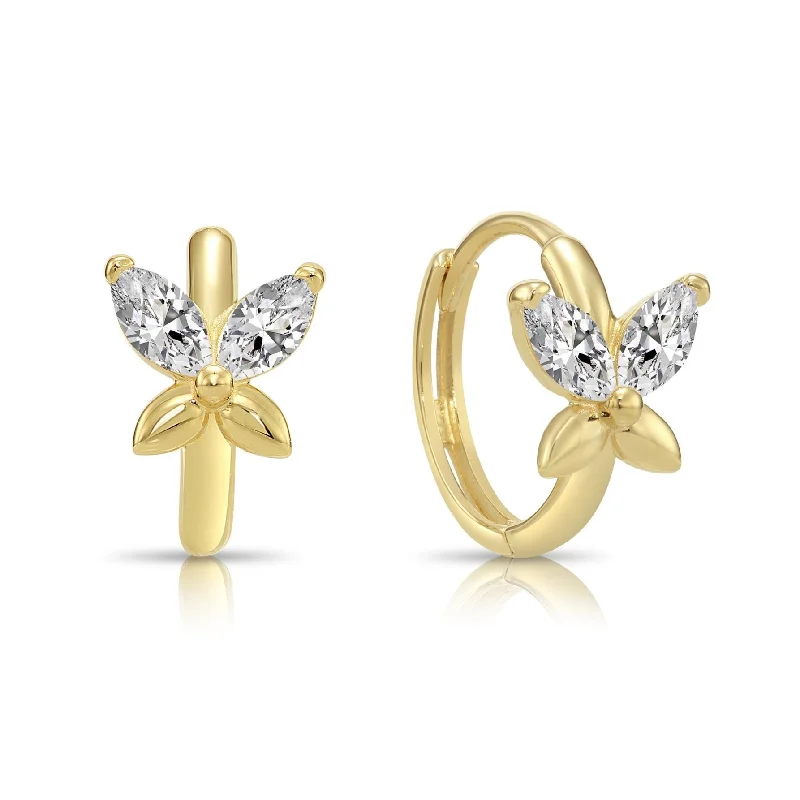 14K Yellow Gold Butterfly Marquise-Cut CZ Huggies Hoop Earrings, 12mm