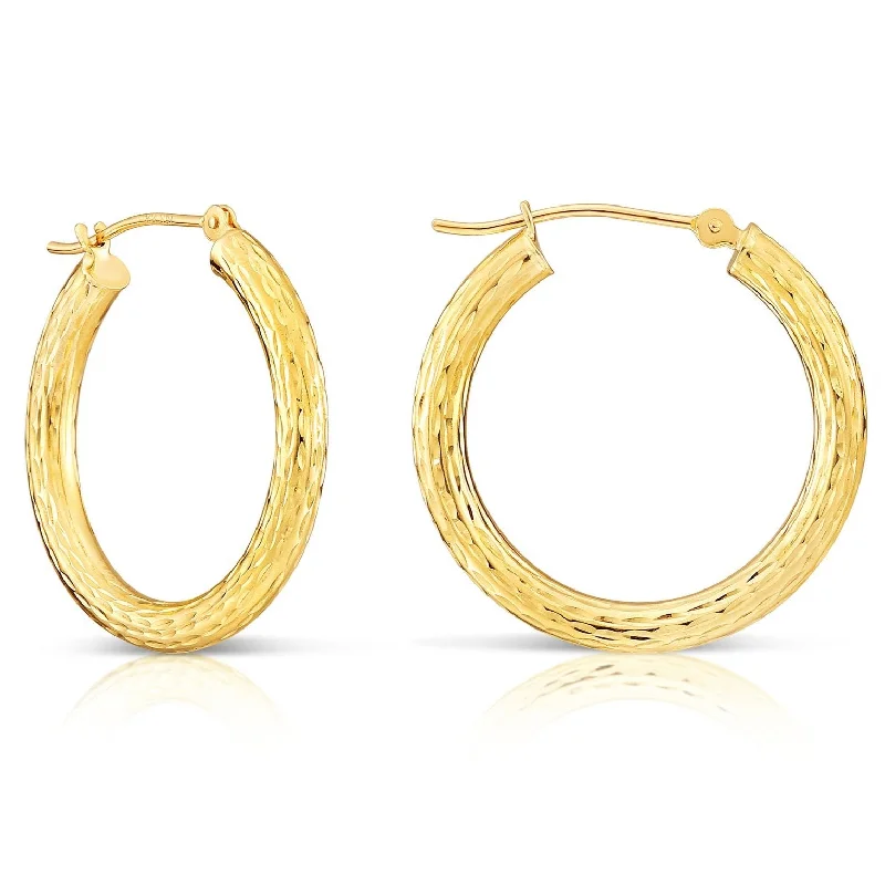 14k Yellow Gold Hand Engraved Round Hoop Earrings, Full Diamond-cut, 3mm Thin