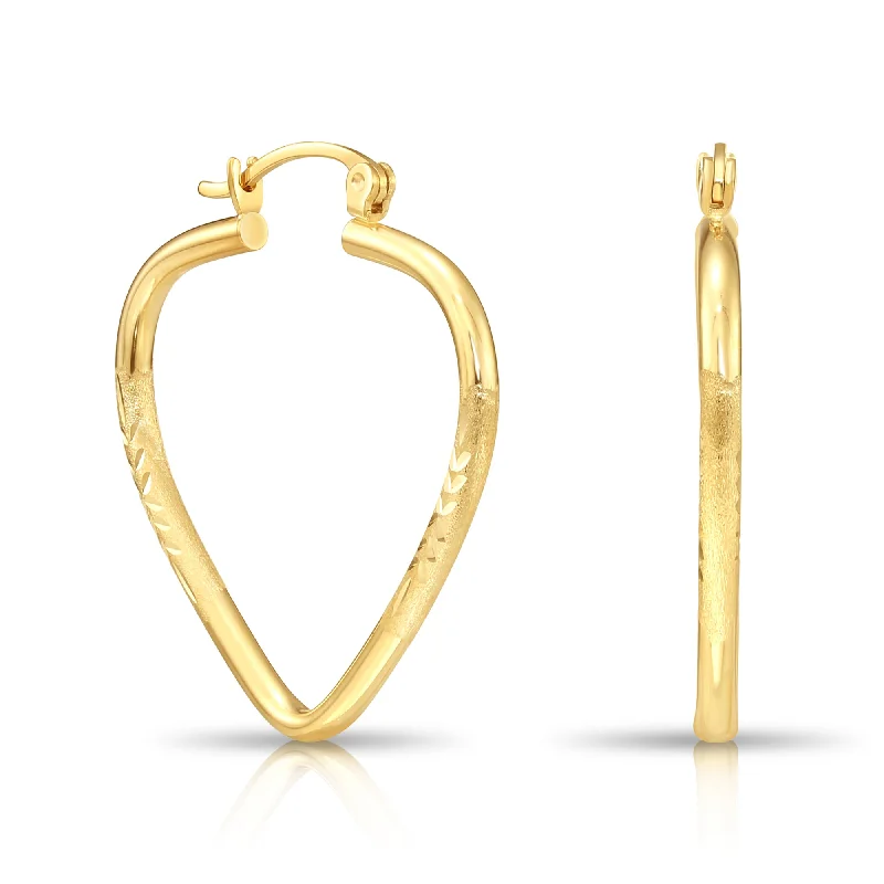 14k Yellow Gold Heart Hoop Earrings, Medium Hoops with Floral Diamond-Cuts #17