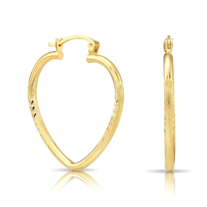 14k Yellow Gold Heart Hoop Earrings, Medium Hoops with Floral Diamond-Cuts #18