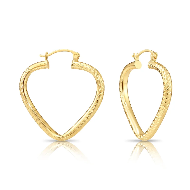 14k Yellow Gold Heart Hoop Earrings, Medium Hoops with Hand Engraved Diamond-Cuts #19