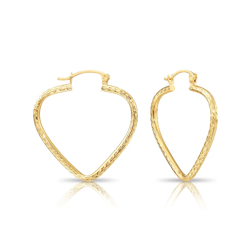 14k Yellow Gold Heart Hoop Earrings, Medium Hoops with Hand Engraved Diamond-Cuts #20