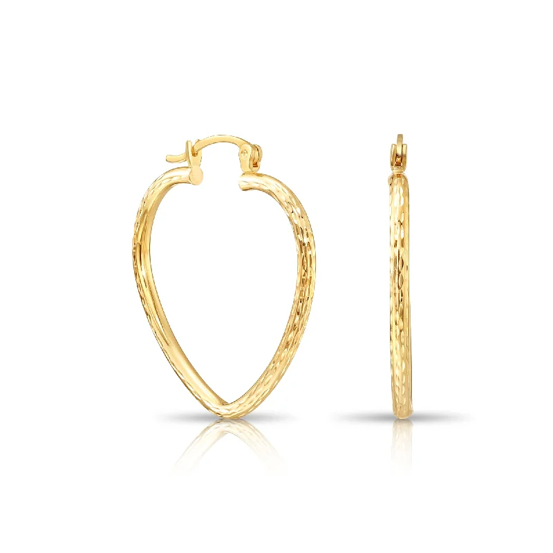 14k Yellow Gold Heart Hoop Earrings, Medium Hoops with Hand Engraved Diamond-Cuts #24