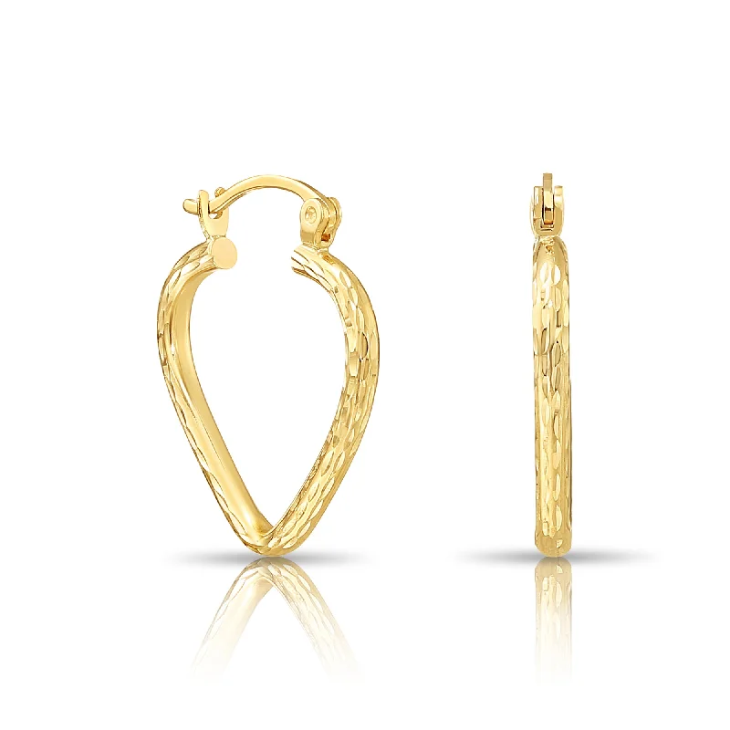 14k Yellow Gold Heart Hoop Earrings, Small Hoops with Hand Engraved Diamond-Cuts #26