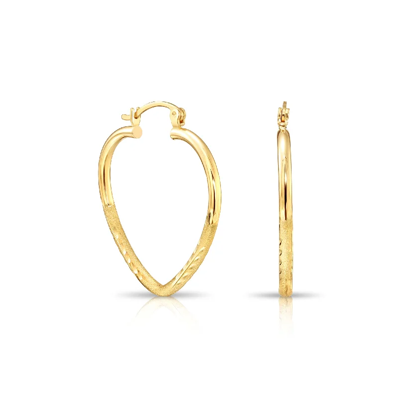 14k Yellow Gold Heart Hoop Earrings, Medium Hoops with Hand Engraved Floral Diamond-Cuts #23