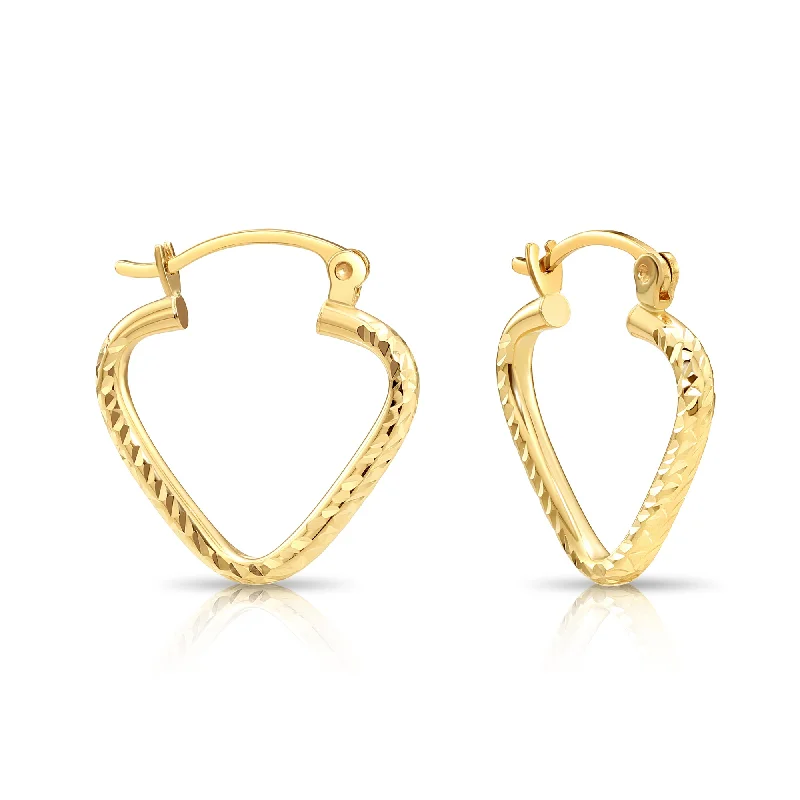 14k Yellow Gold Heart Hoop Earrings, Small Hoops with Engravings, Design #2