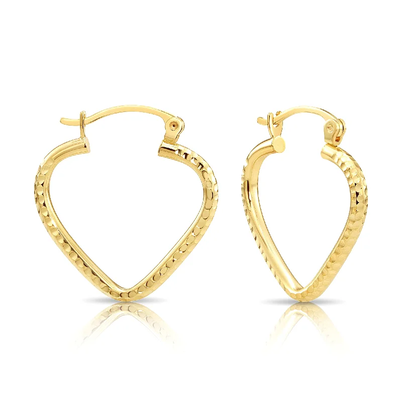 14k Yellow Gold Heart Hoop Earrings, Small Hoops with Engravings, Diamond-Cut Design #6