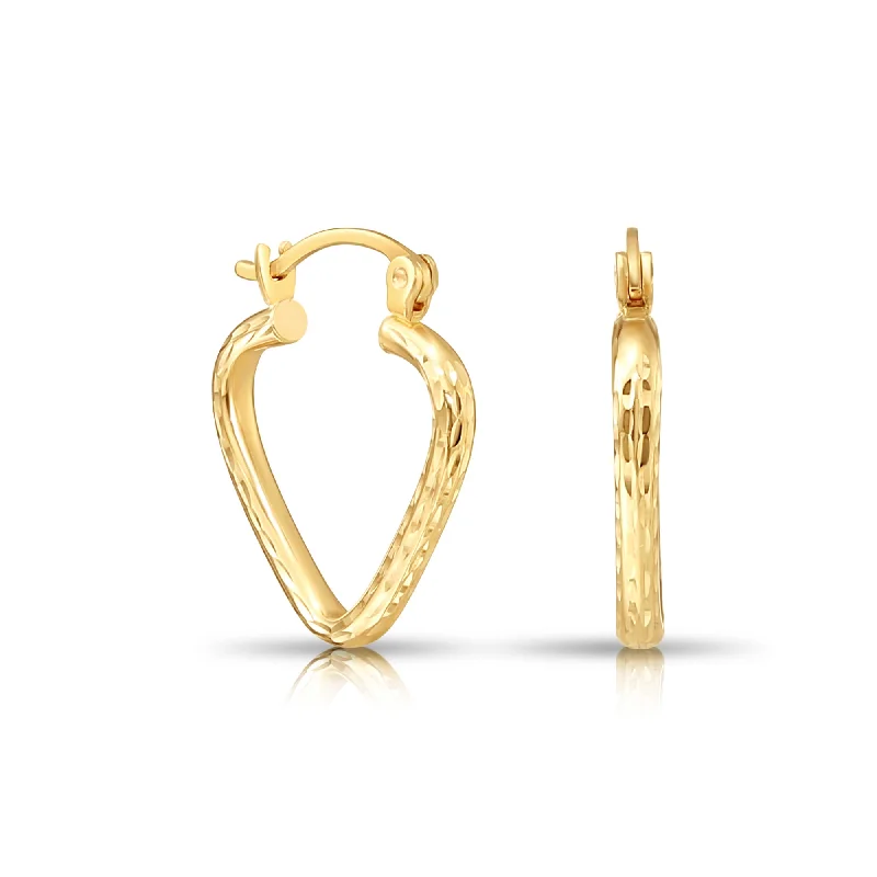 14k Yellow Gold Heart Hoop Earrings, Small Hoops with Hand Engraved Diamond-Cuts #27