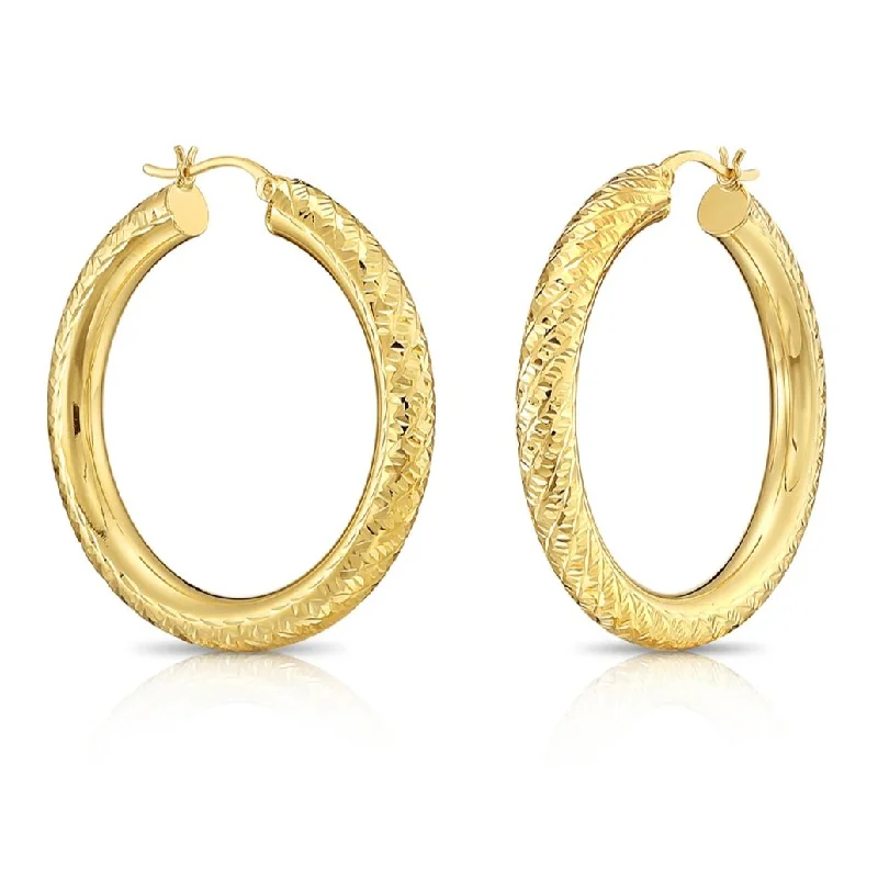 14k Yellow Gold Tornado Diamond Cut Hoop Earrings, 4mm Thin