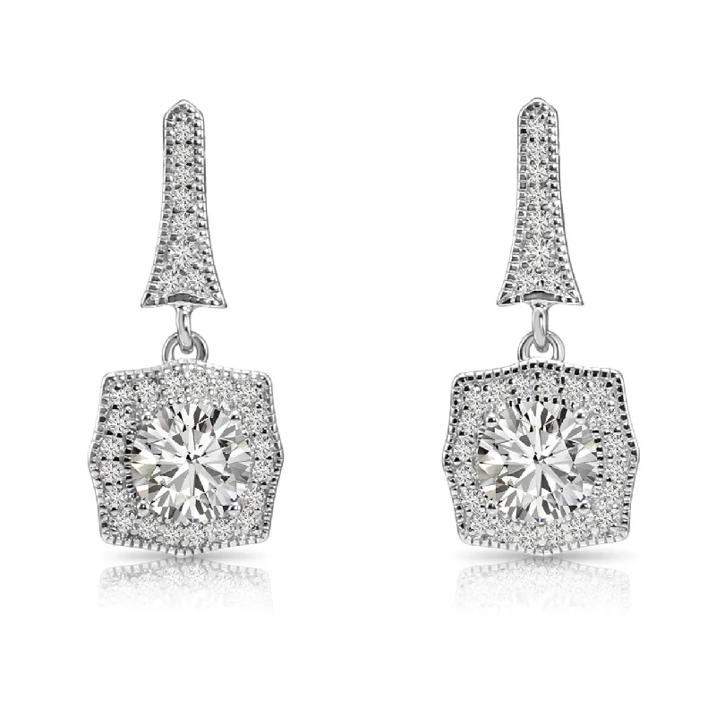 925 Sterling Silver Drop Dangle Earrings, Halo CZ Cushion Design, With Push-Backs