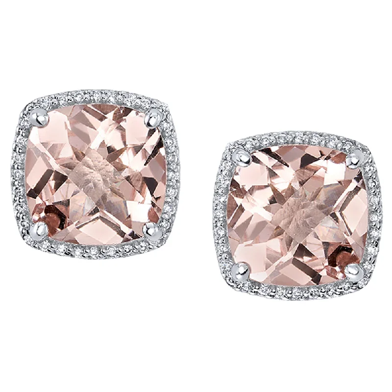 "Cushion Halo" Earrings in Gold with Morganite & Diamonds