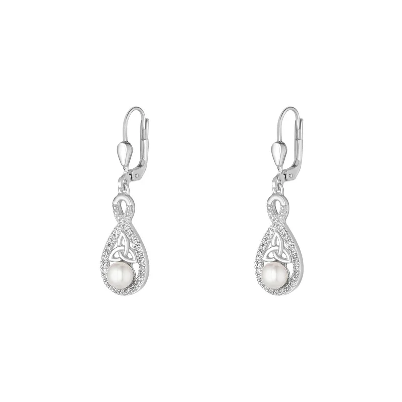 Sterling Silver Crystal And Pearl Twisted Trinity Knot Earrings