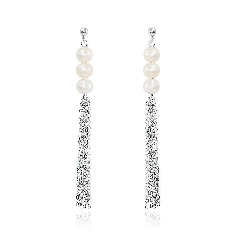 Dangle Tassel Earrings in and White Freshwater Cultured Pearls in Sterling Silver