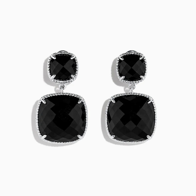 925 S. Silver Cushion Onyx Earrings, 17.40 TCW