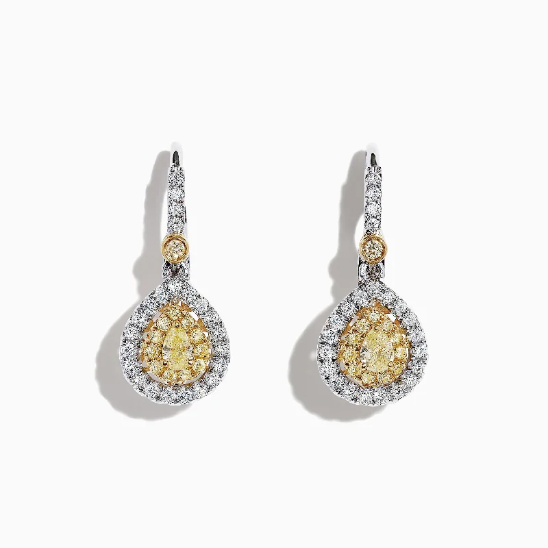 Canare 18K Two-Tone Gold Double Halo Pear Shaped Yellow Diamond Earrings, 0.99 TCW