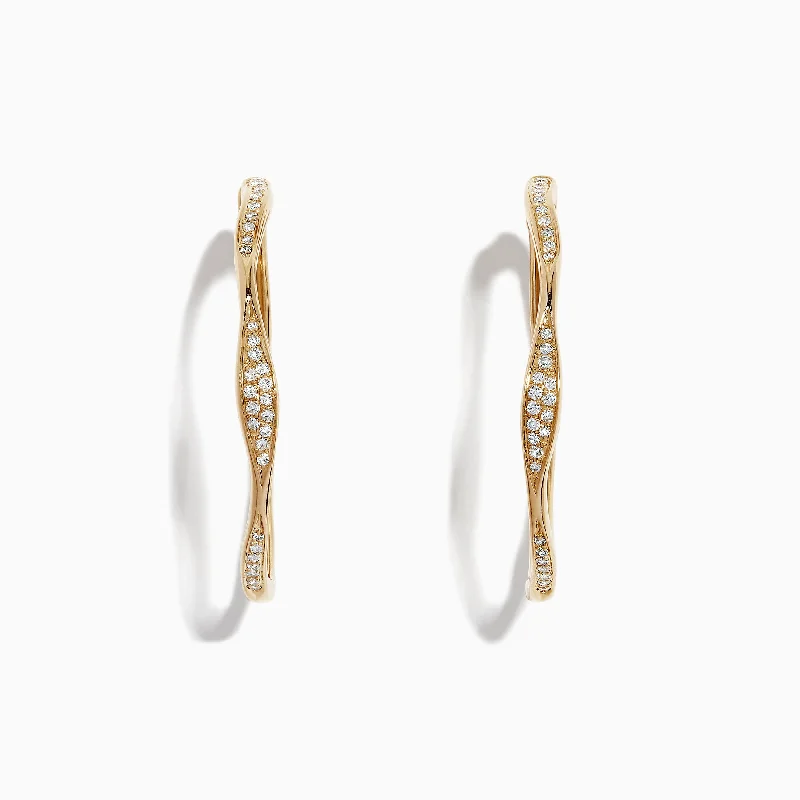 D'Oro 14K Yellow Gold 1 1/4" Diamond Wave Hoop Earrings, 0.25 TCW